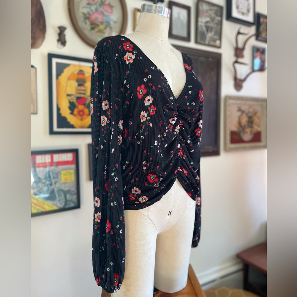 Topshop Gathered Front Floral Blouse Oversized Sleeves  Pleated Nordstrom Deep V